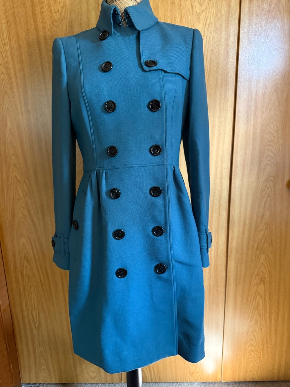 Burberry Teal Double-Breasted Long Sleeve Coat Dress